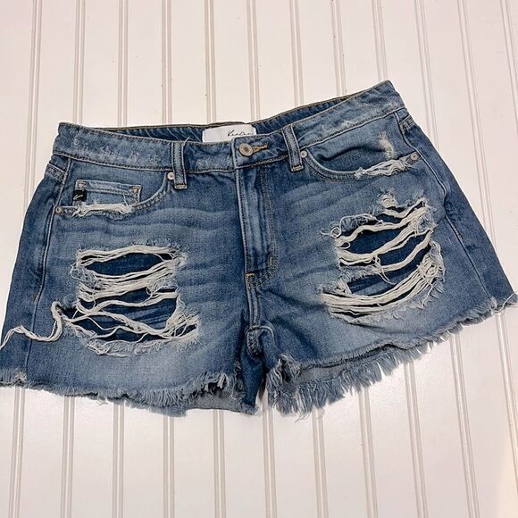 KanCan mid rise distressed raw hem denim shorts - Picture 1 of 4